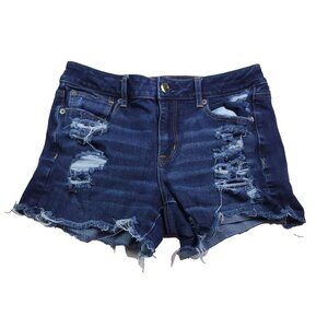 American Eagle Womens Hi Rise Shortie Jean Shorts 8 Dark Wash Distressed Stretch